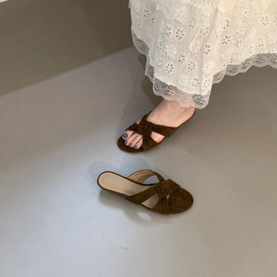 Damen offene Mules mit zarten Riemen und dekorativer Schleife R&B