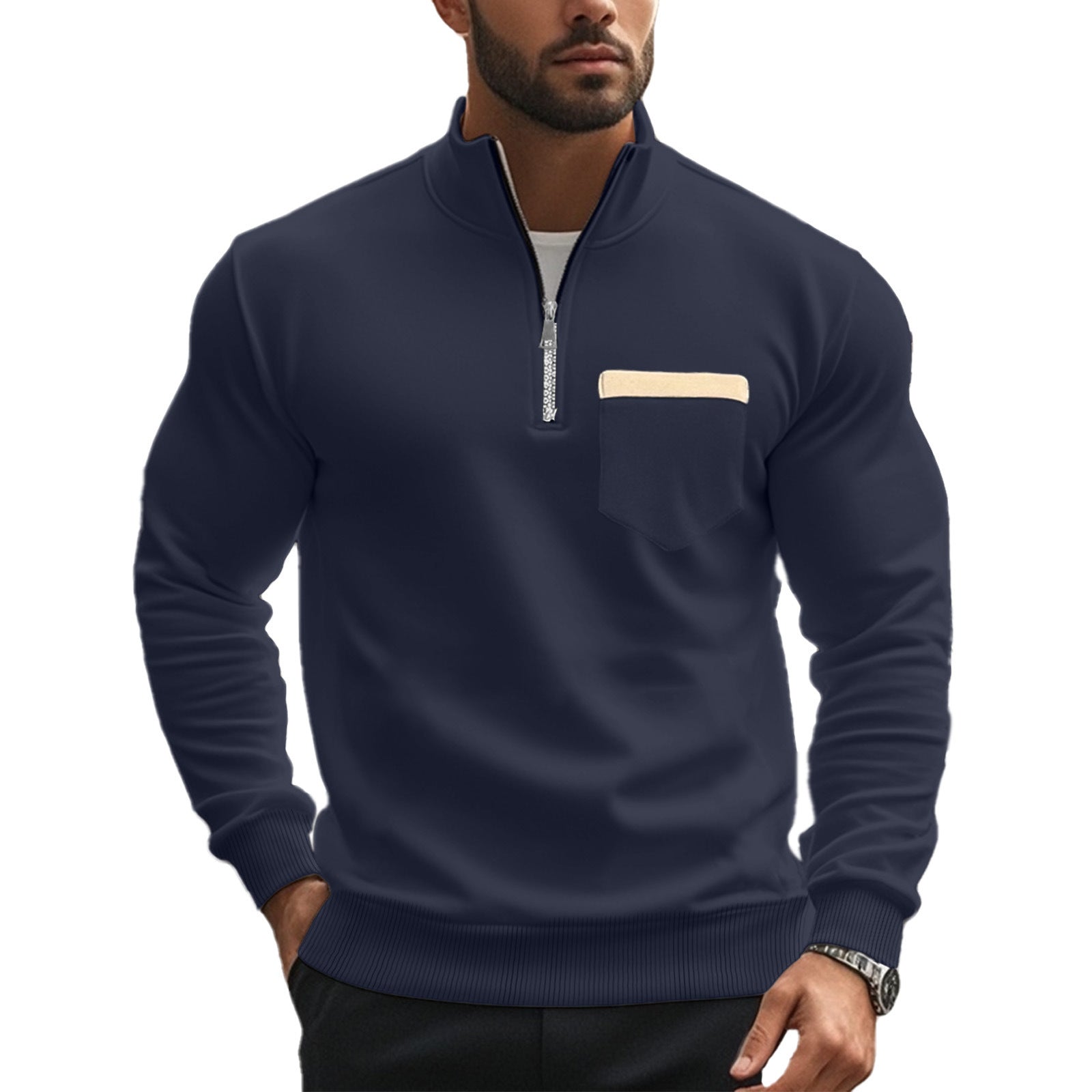 Herren Sportlicher Pullover mit halbem Reißverschluss und Kontrastbrusttasche R&B