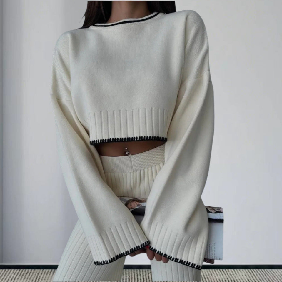 Damen elegantes Strickanzug mit weitem Bein und romantischen Ärmeln R&B