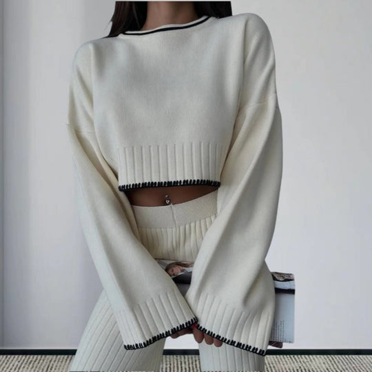 Damen elegantes Strickanzug mit weitem Bein und romantischen Ärmeln R&B