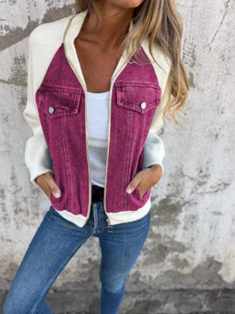 Damen nan Sweat-Jeans-Bomberjacke mit Raglanärmeln Brustklappen und Reißverschluss R&B