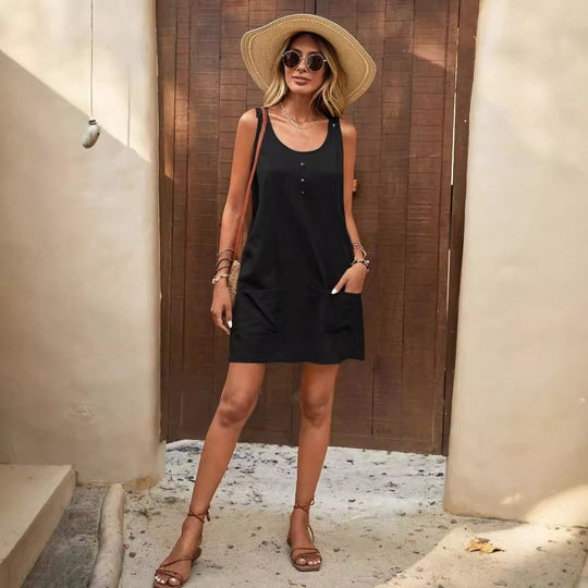 Damen Lässiges Sommerkleid mit Taschen und Knopfdetails R&B