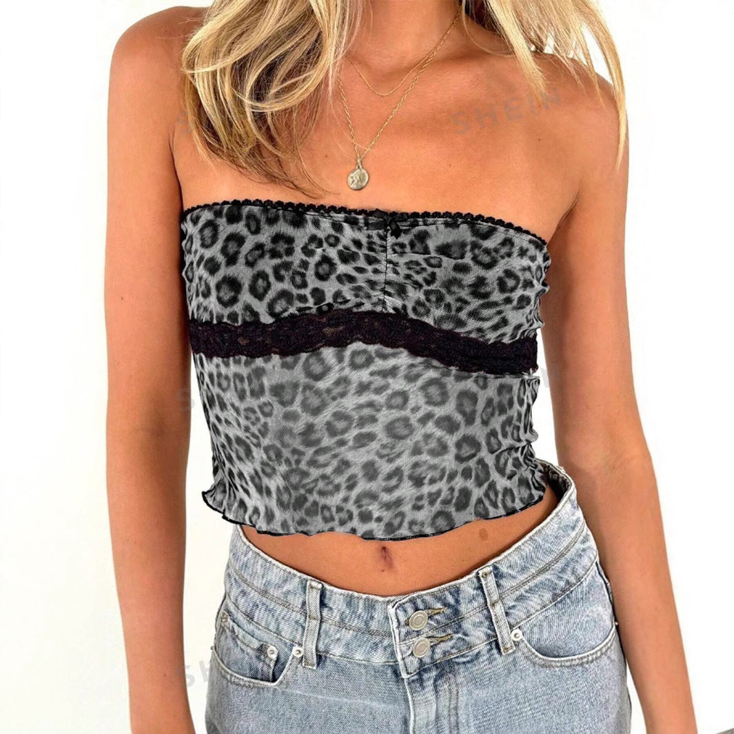 Damen Bandeau-Top mit trendigem Leopardenmuster und zarter Spitzenkante R&B