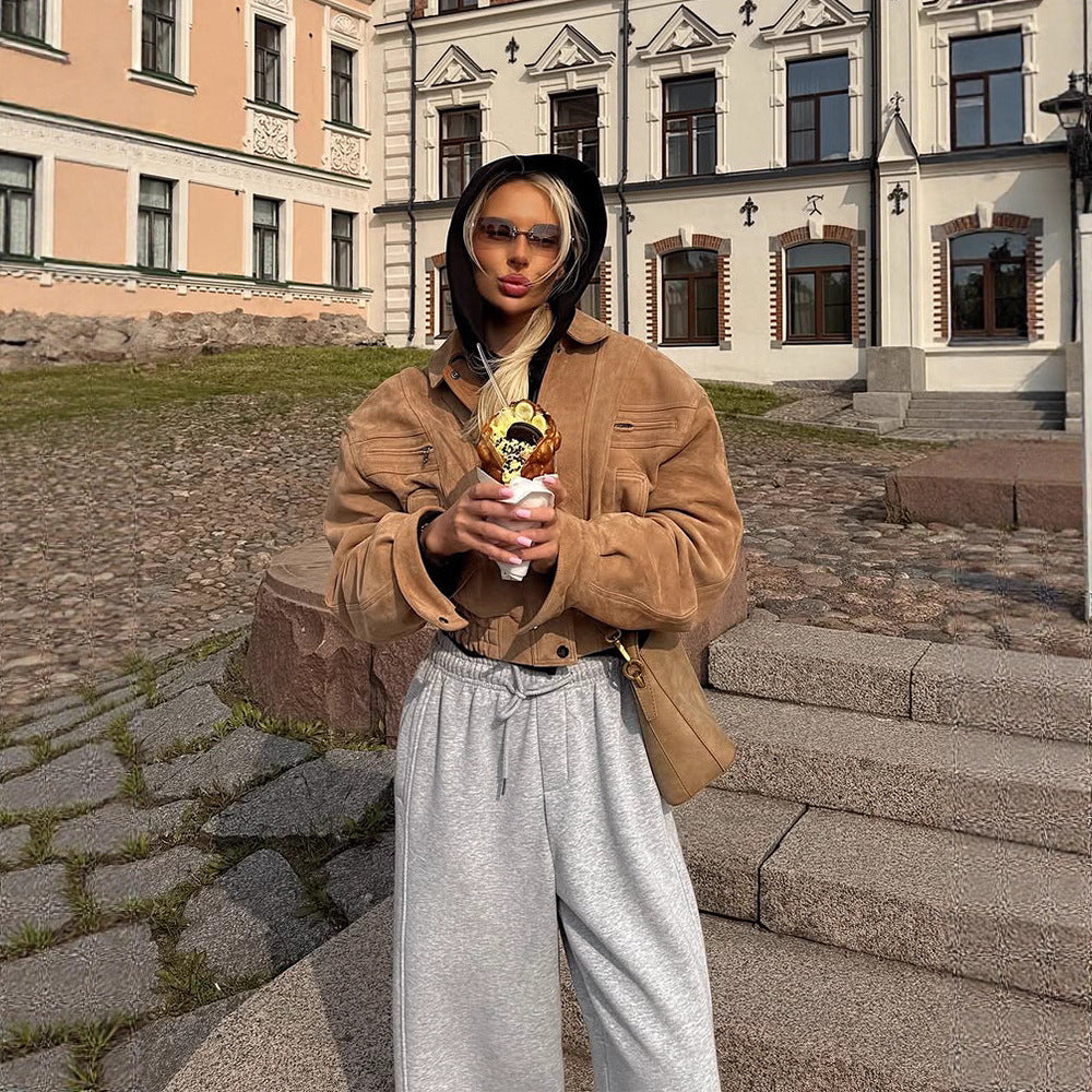 Damen cropped Wildlederjacke mit breiten Ärmeln und praktischen Taschen R&B