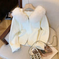 Damen Strickjacke mit abnehmbarer Kunstfellkapuze und enganliegendem Schnitt R&B