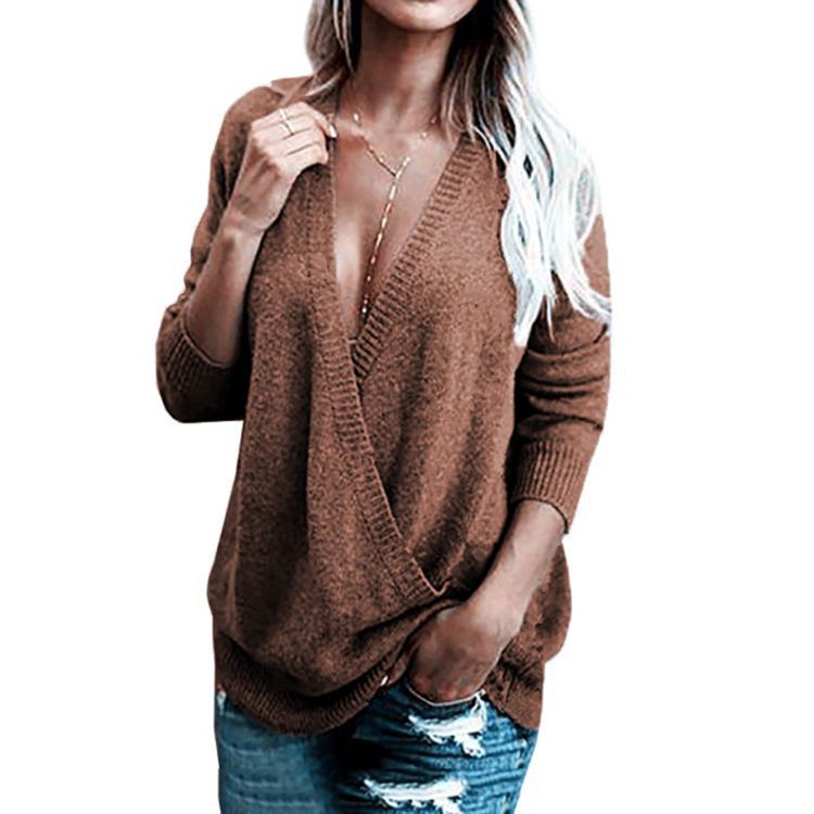 Damen Wickelpullover mit tiefem V-Ausschnitt und langen Ärmeln R&B