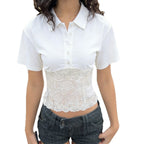 Damen elegantes Kurzarmhemd mit Spitzenbesatz R&B
