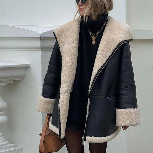 Damen gesteppte Kunstlederjacke mit warmem Innenfutter und elegantem Revers R&B