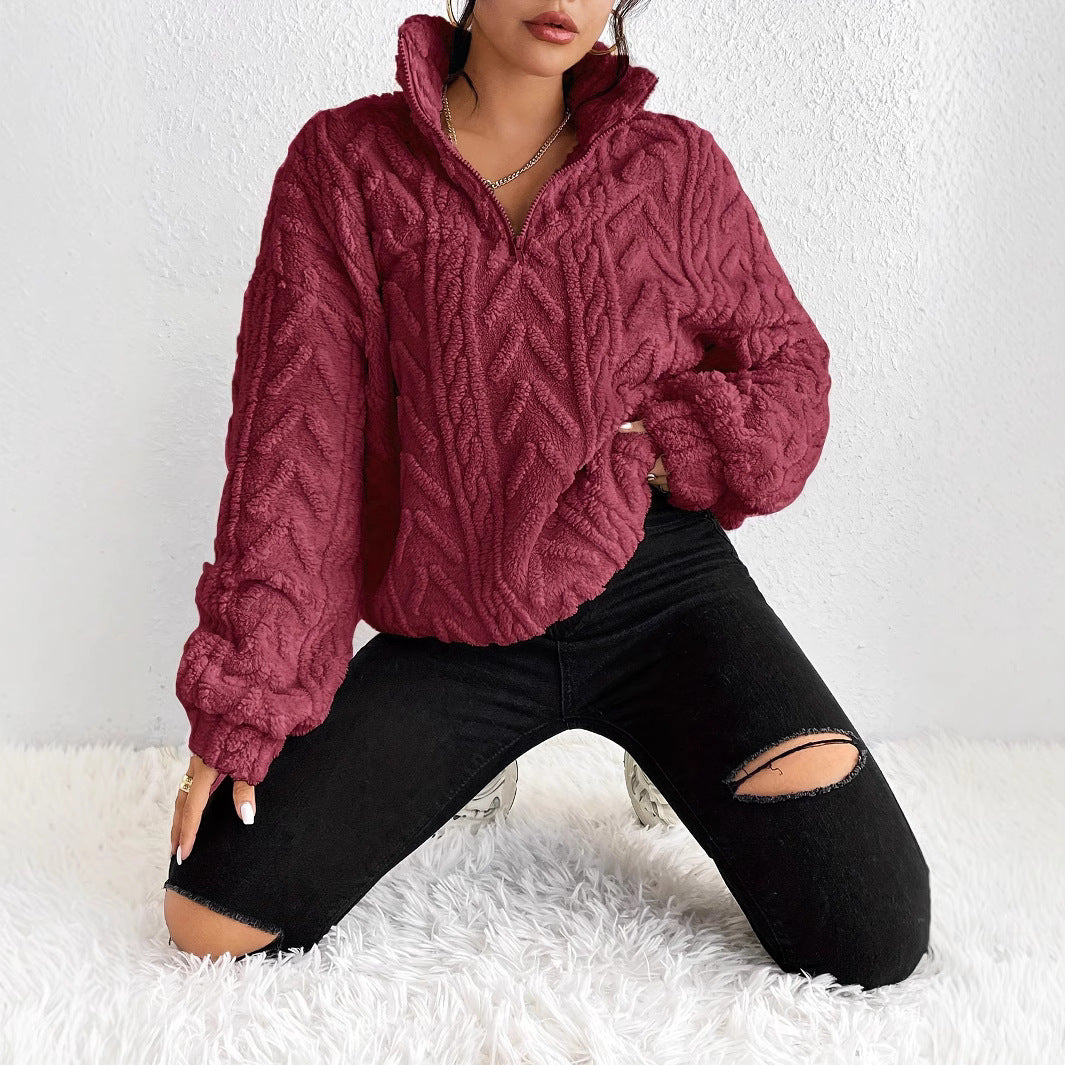 Damen Gemusterter Oversized-Fleece-Pullover mit hohem Kragen R&B