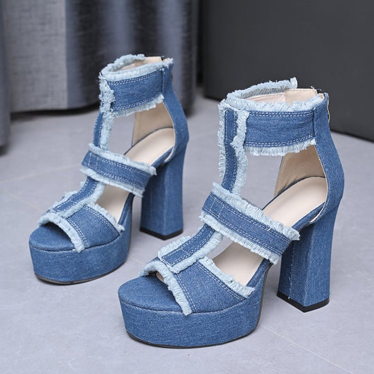 Damen Plateausandalen mit fransigen Denim-Details R&B
