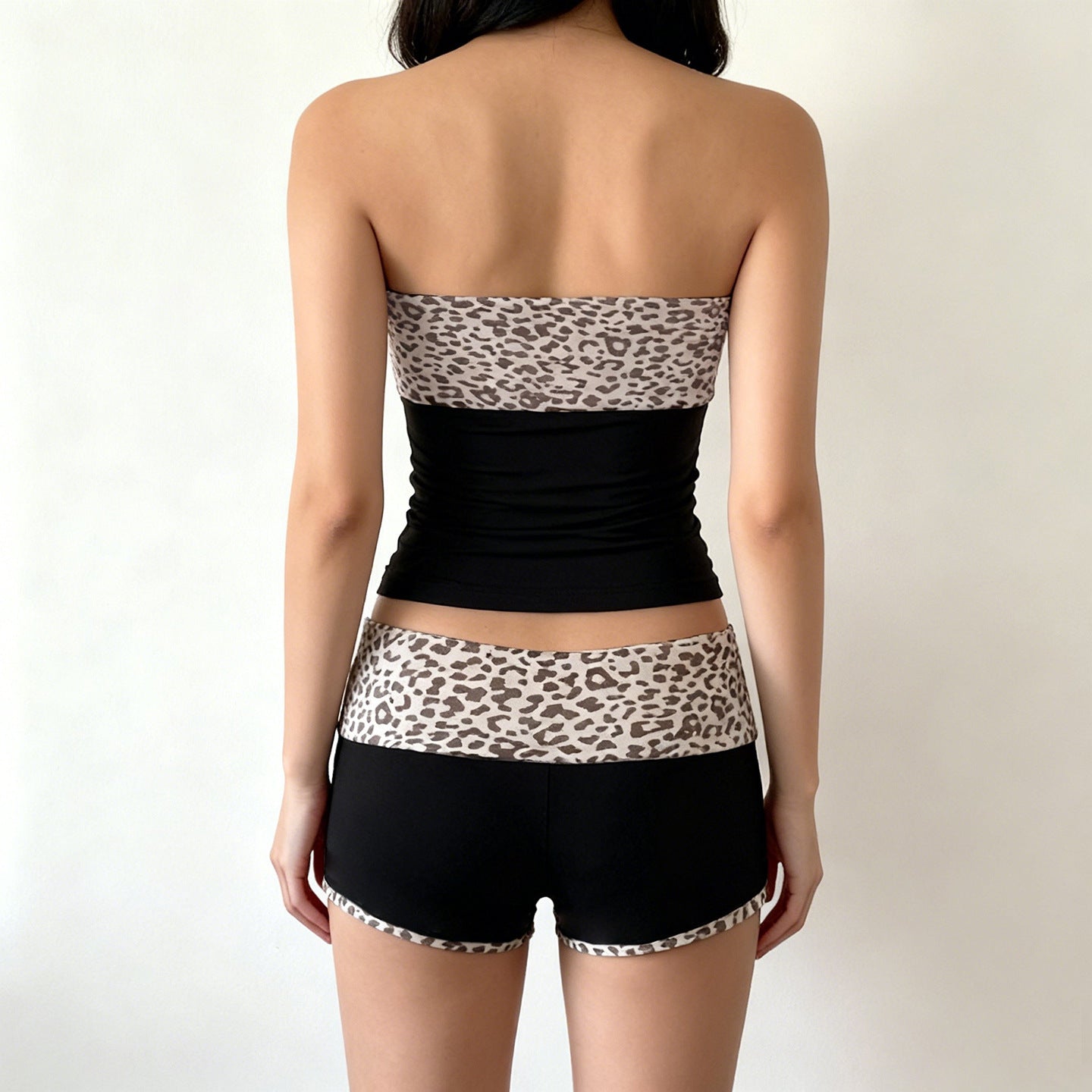Damen Bandeau-Bikini-Set mit modischem Leopardenmuster und bequemen Shorts R&B