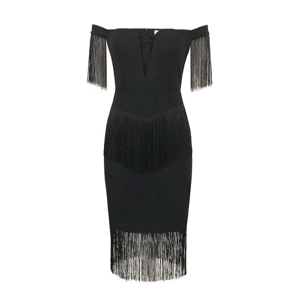 Damen elegantes Cocktailkleid mit Off-Shoulder Design und fransigen Ärmeln R&B