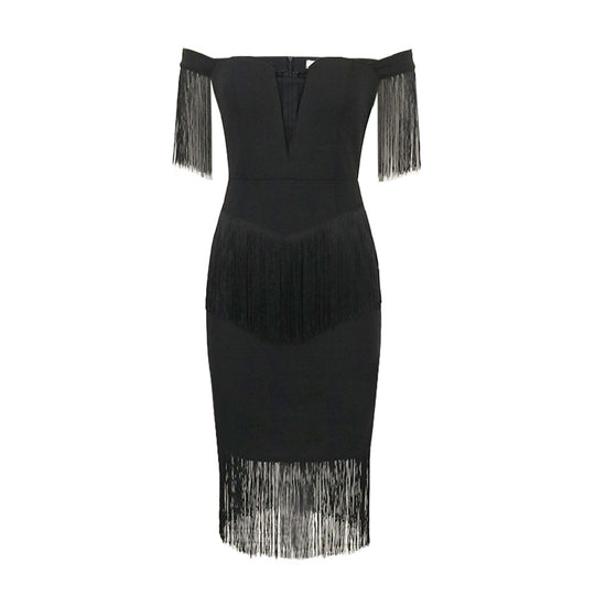 Damen Kleid mit Fransen und tiefem V-Ausschnitt R&B