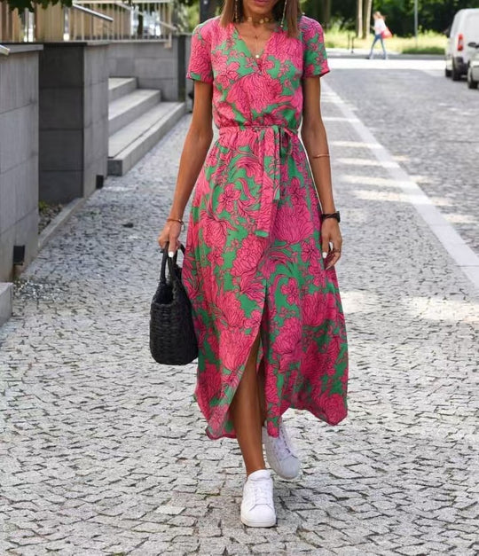 Damen Maxikleid mit Polka-Dots und seitlichem Schlitz R&B