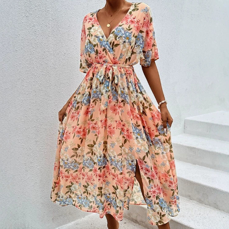Damen nan florales V-Ausschnitt-Bindekleid mit tailliertem Gürtel und seitlichem Beinschlitz R&B