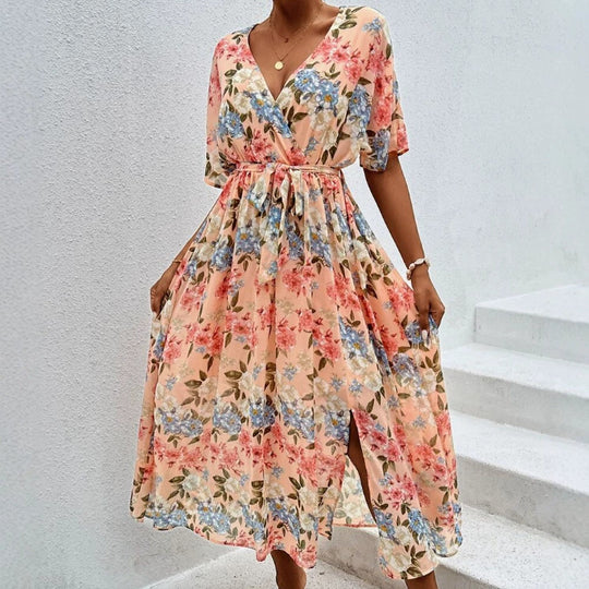 Damen nan florales V-Ausschnitt-Bindekleid mit tailliertem Gürtel und seitlichem Beinschlitz R&B