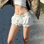 Damen modische Karostoff-Pyjama-Shorts mit Spitze und elastischem Bund R&B