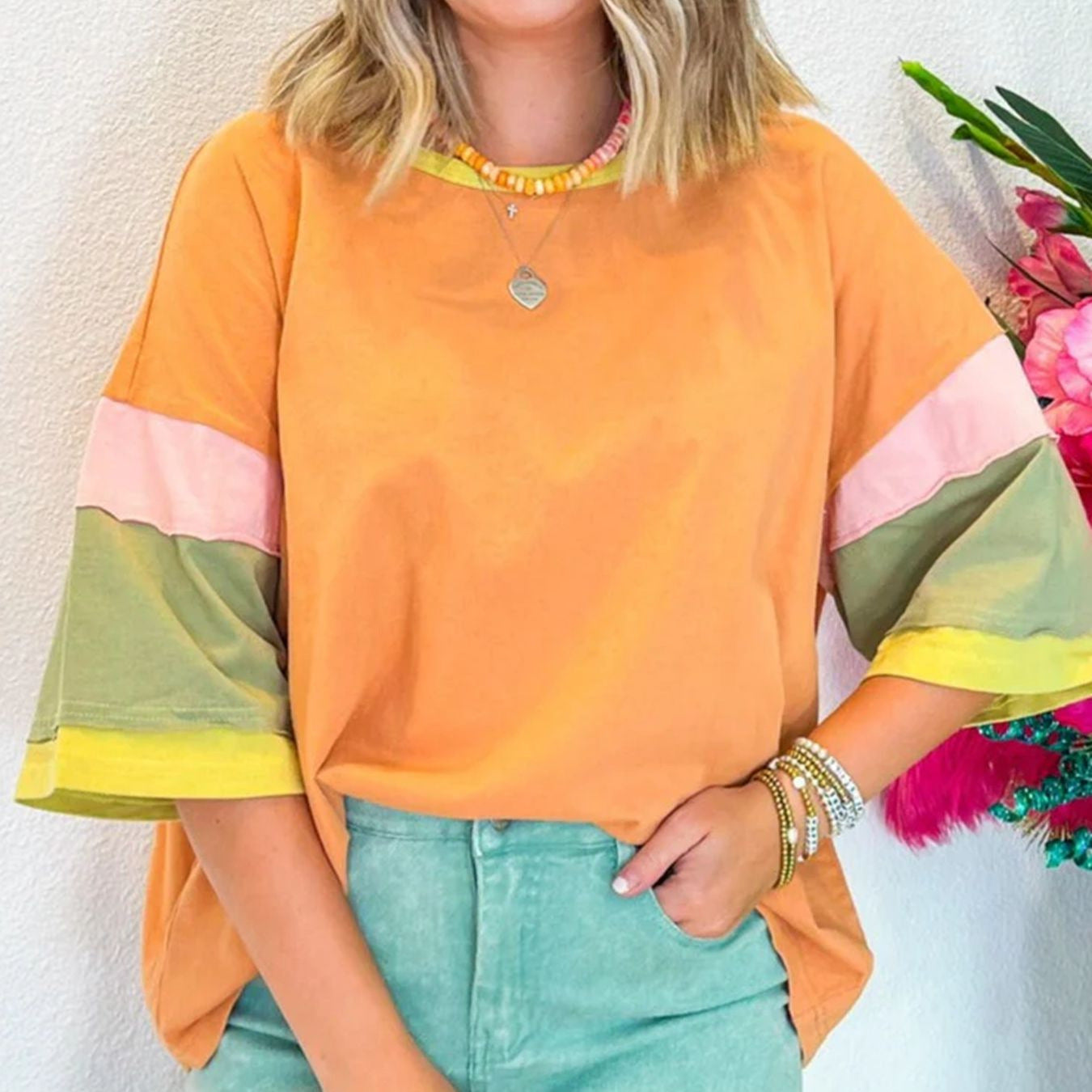 Damen lässiges T-Shirt mit farbenfrohen Ärmeln und weitem Schnitt R&B