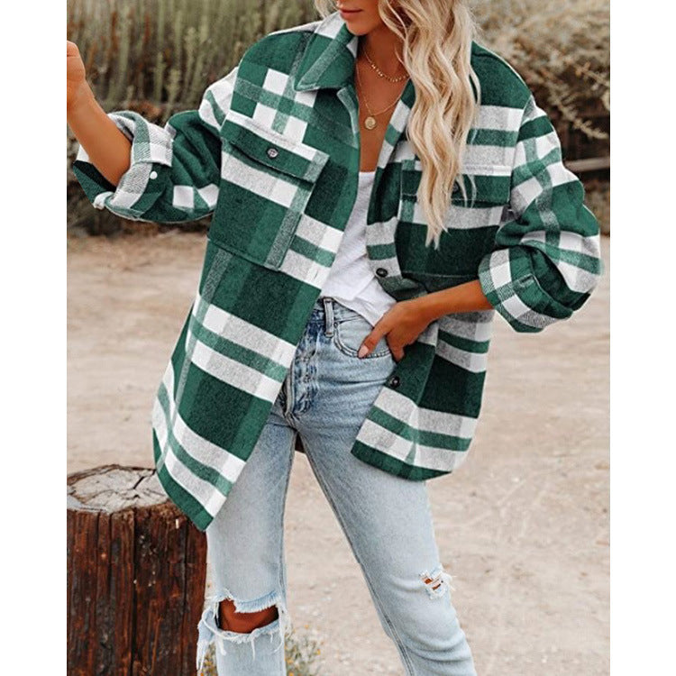 Damen Oversized Hemdjacke mit kariertem Muster und praktischen Taschen R&B