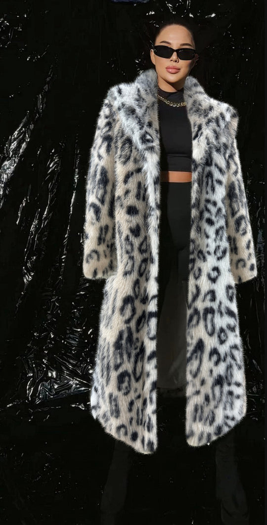 Damen Luxuriöser Kunstpelzmantel mit Leopardenmuster R&B