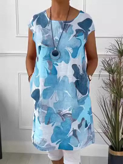 Damen nan luftiges Tunika-Midikleid aus Leinenmix mit Aquarellblütenprint und Seitentaschen R&B