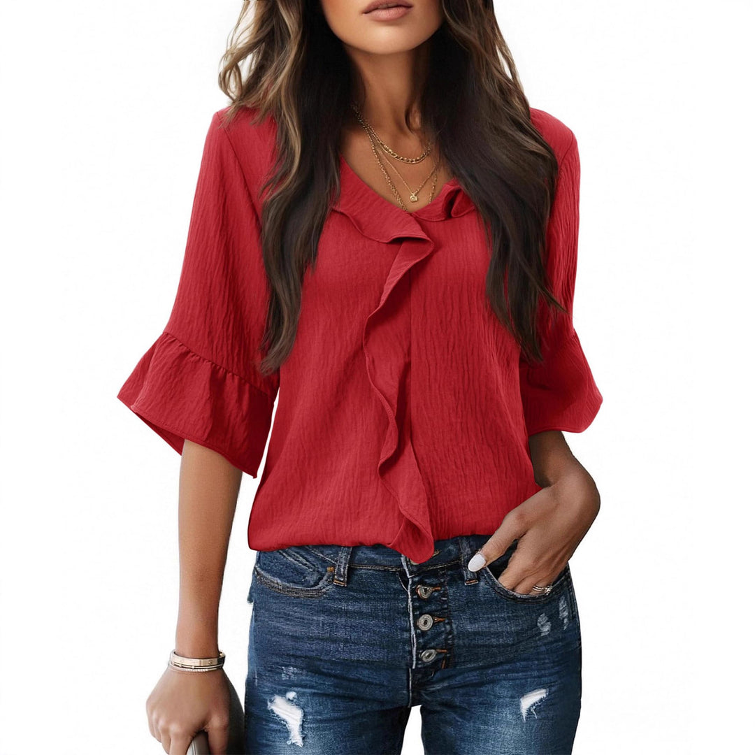 Damen Luftiges Blusenshirt mit Rüschendetails und V-Ausschnitt R&B