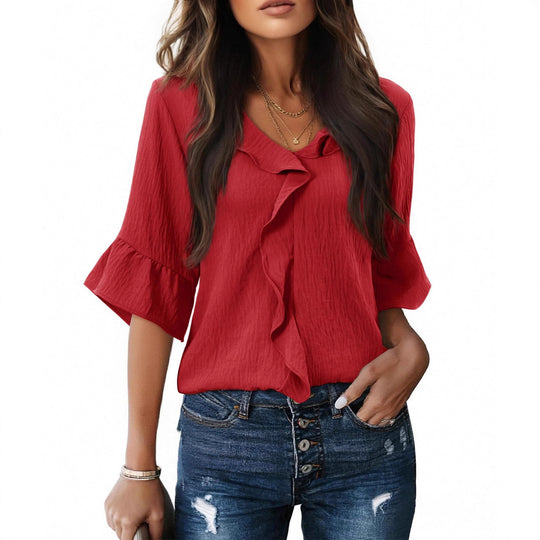 Damen Luftiges Blusenshirt mit Rüschendetails und V-Ausschnitt R&B