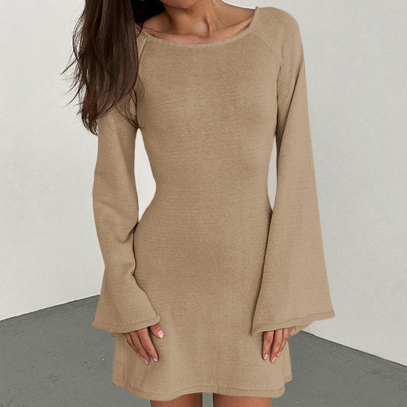 Damen lässiges Strickkleid mit weiten Ärmeln und Rundhalsausschnitt R&B