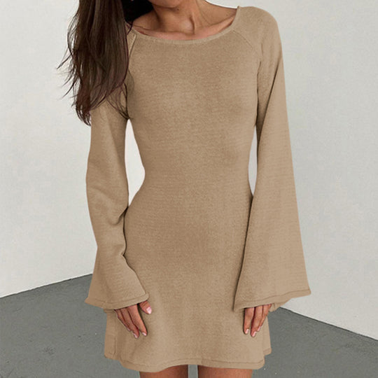 Damen lässiges Strickkleid mit weiten Ärmeln und Rundhalsausschnitt R&B