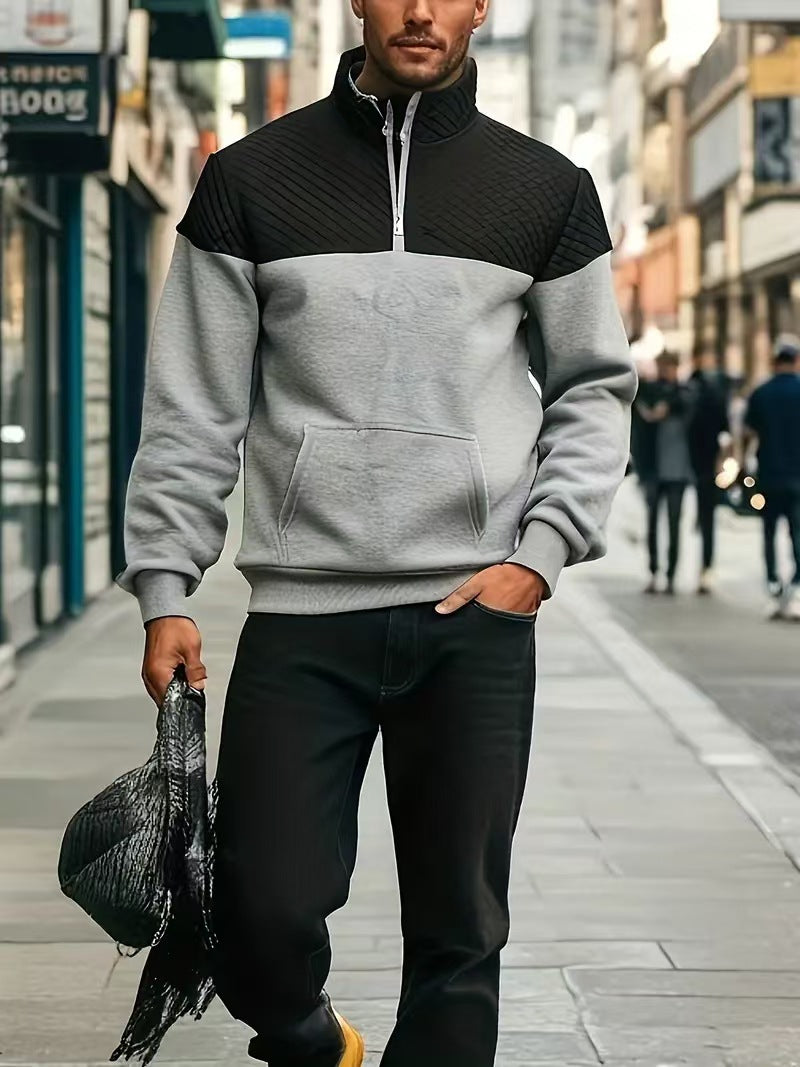 Herren nan Halbzip-Sweatshirt mit gesteppter Schulterpartie Kängurutasche und gerippten Bündchen R&B