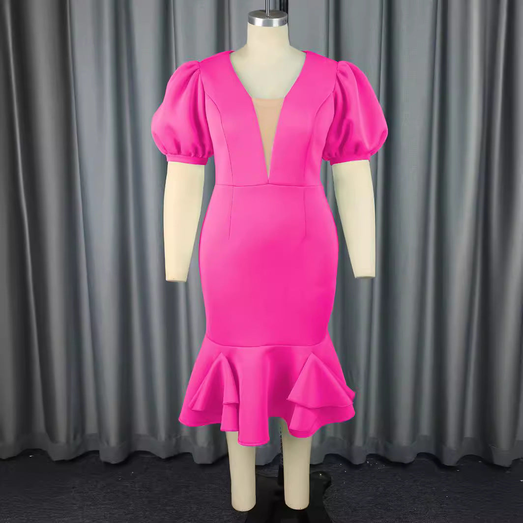 Damen figurbetontes Kleid mit voluminösen Puffärmeln und elegantem Rüschenabschluss R&B