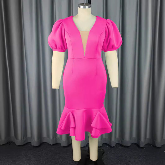Damen figurbetontes Kleid mit voluminösen Puffärmeln und Rüschenabschluss R&B