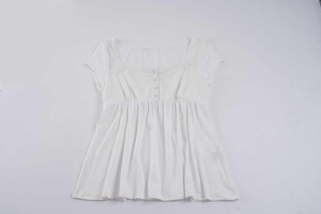 Damen lässiges T-Shirt mit Spitzenverzierung und Knopfdetails R&B