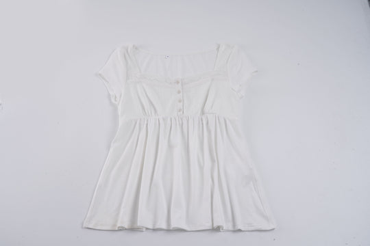 Damen lässiges T-Shirt mit Spitzenverzierung und Knopfdetails R&B
