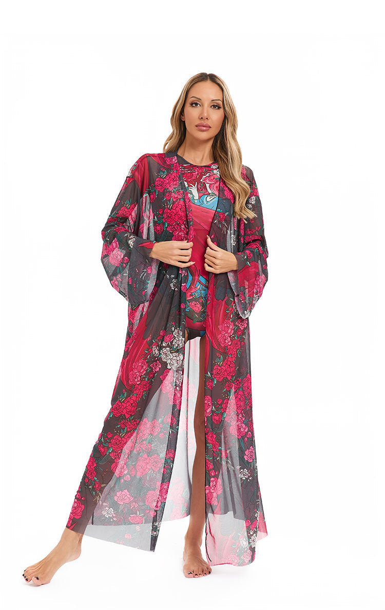 Damen eleganter transparenter Strandkimono mit floralem Design R&B
