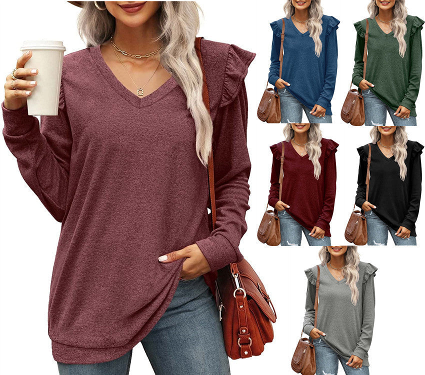 Damen V-Ausschnitt Langarmshirt mit Rüschendetails und lockerem Schnitt R&B