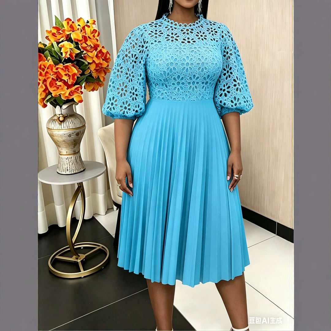 Damen elegantes Midikleid mit Spitzenoberteil und plissiertem Rock R&B
