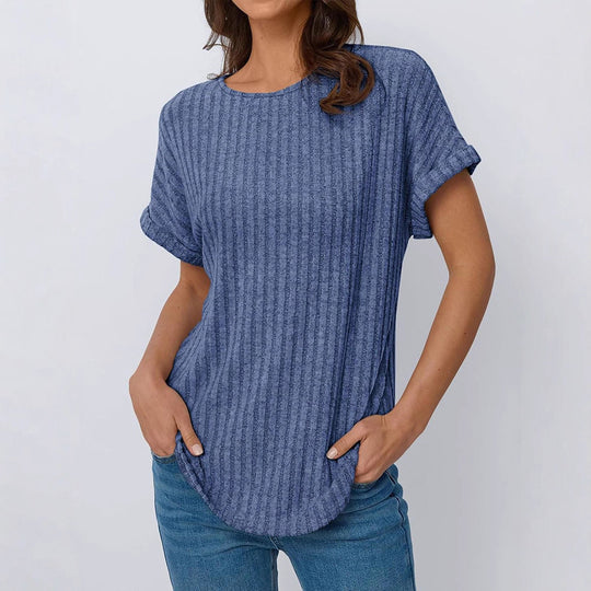 Damen lässiges T-Shirt im Ripp-Design mit umschlagenen Ärmeln R&B