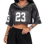 Damen sportliches Crop-Top aus atmungsaktivem Mesh-Material mit Nummer CD-R&B
