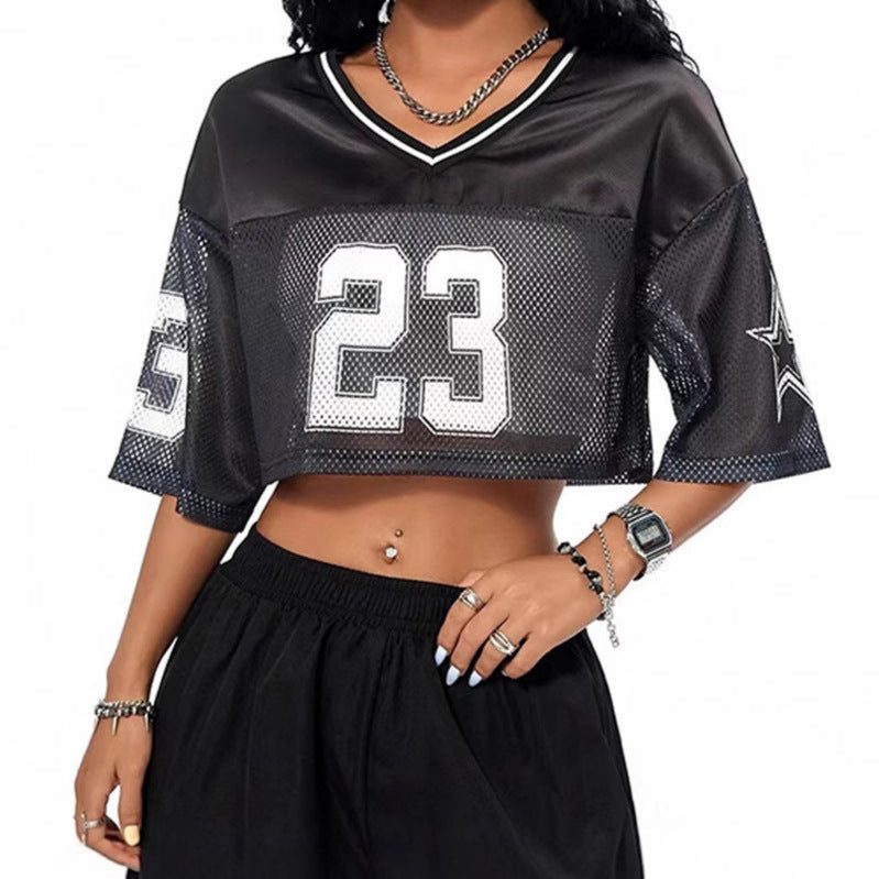 Damen sportliches Crop-Top aus atmungsaktivem Mesh-Material mit Nummer CD-R&B