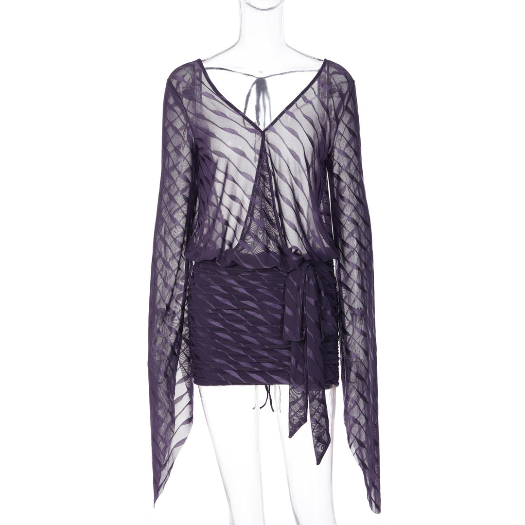Damen Exklusives Minikleid mit tiefem V-Ausschnitt und fließenden Ärmeln R&B