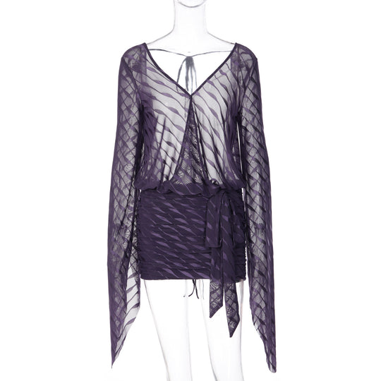 Damen Exklusives Minikleid mit tiefem V-Ausschnitt und fließenden Ärmeln R&B