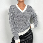Damen Strickpullover mit Wellenmuster und V-Ausschnitt R&B