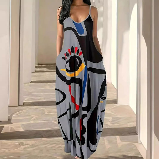 Damen Maxikleid mit modernem grafischen Print und schwingendem Saum R&B