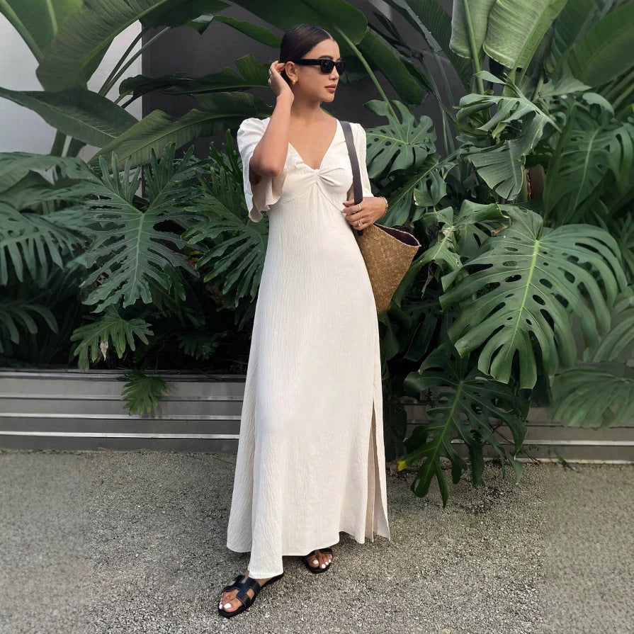 Damen Maxikleid mit fließenden Ärmeln und V-Ausschnitt R&B