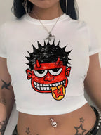 Damen Crop-T-Shirt mit kreativem Comic-Motiv R&B