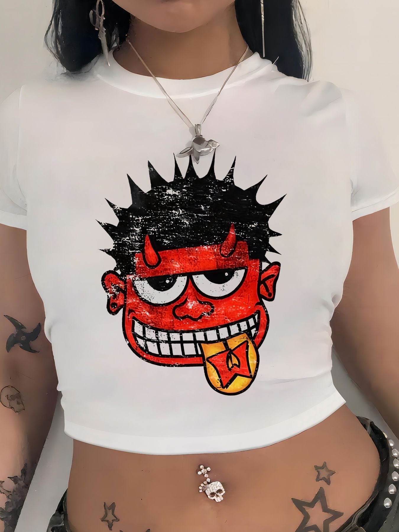 Damen Crop-T-Shirt mit kreativem Comic-Motiv R&B