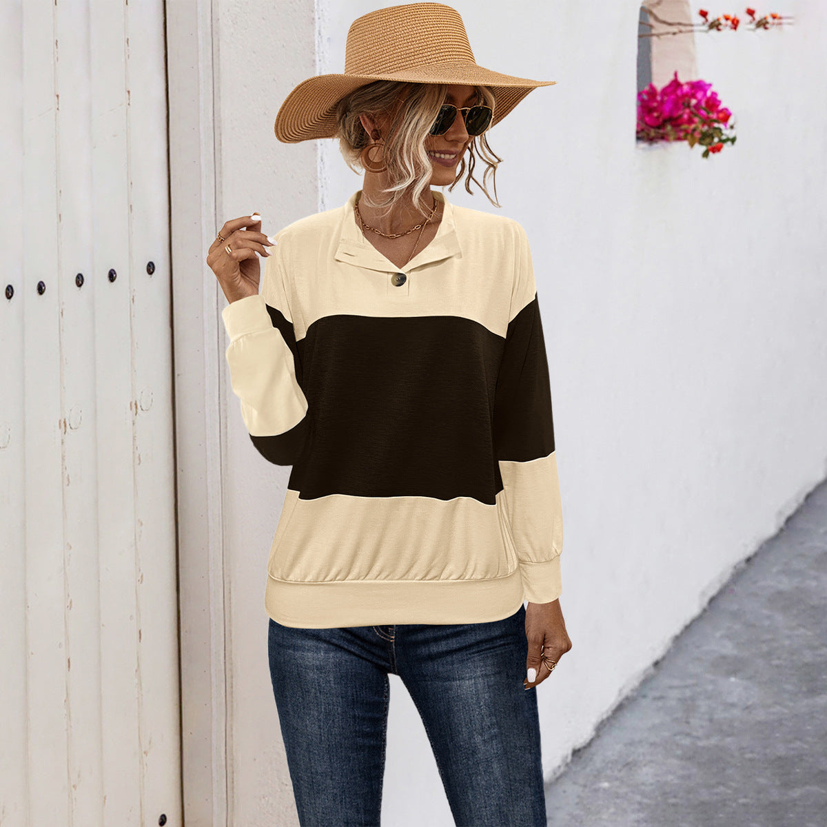 Damen lässiger Pullover mit stilvollem Kragen und Knopfdetail R&B