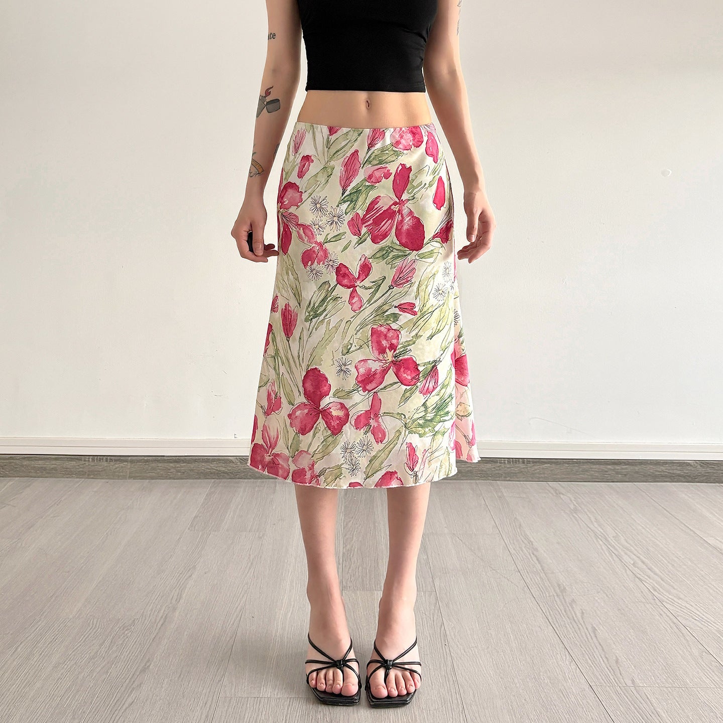 Damen eleganter Midirock mit floralen Motiven und schwingendem Schnitt R&B