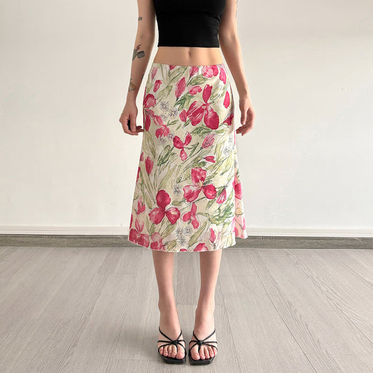 Damen eleganter Midirock mit floralen Motiven und schwingendem Schnitt R&B
